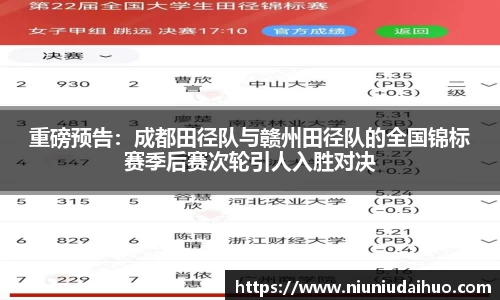 重磅预告：成都田径队与赣州田径队的全国锦标赛季后赛次轮引人入胜对决